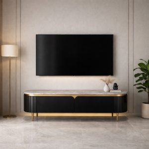 The Attic Carlston TV Cabinet, Solid Wood Sideboard TV Cabinet for Living Room, Classy TV Cabinet, Wooden Free Standing TV Unit Side Board Table with Storage, Black Matte Finish