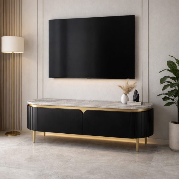 The Attic Carlston TV Cabinet, Solid Wood Sideboard TV Cabinet for Living Room, Classy TV Cabinet, Wooden Free Standing TV Unit Side Board Table with Storage, Black Matte Finish