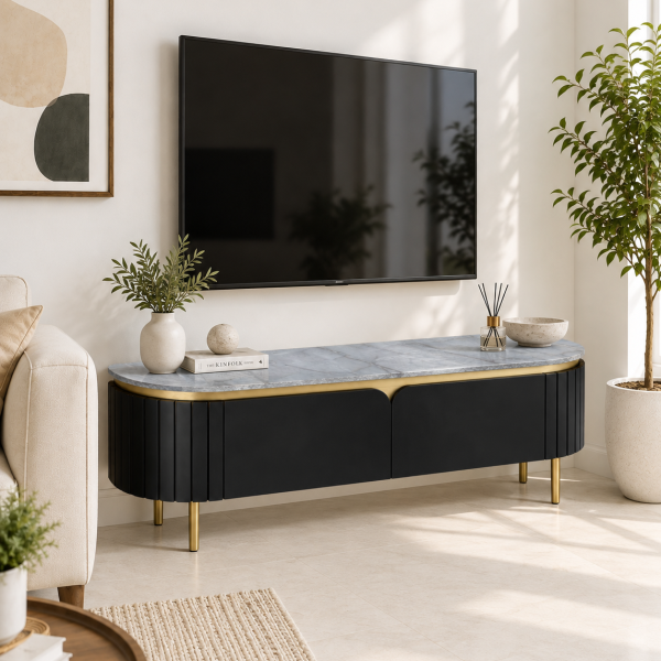 The Attic Carlston TV Cabinet, Solid Wood Sideboard TV Cabinet for Living Room, Classy TV Cabinet, Wooden Free Standing TV Unit Side Board Table with Storage, Black Matte Finish