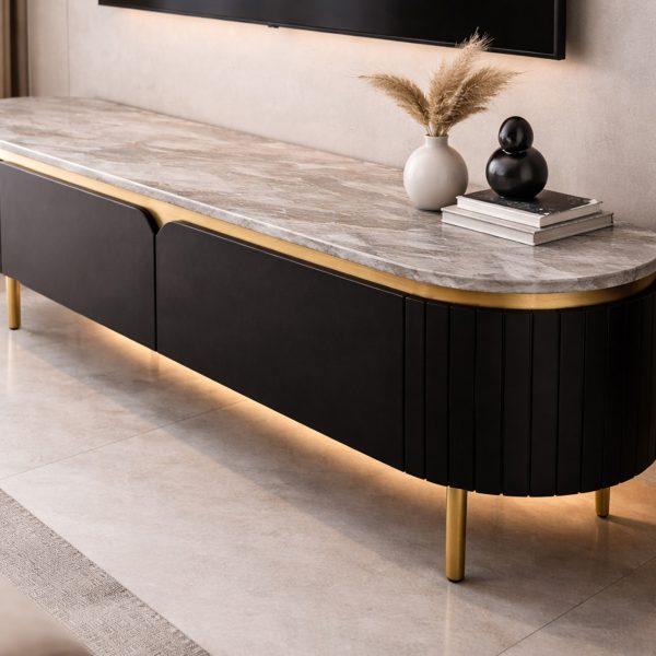 The Attic Carlston TV Cabinet, Solid Wood Sideboard TV Cabinet for Living Room, Classy TV Cabinet, Wooden Free Standing TV Unit Side Board Table with Storage, Black Matte Finish