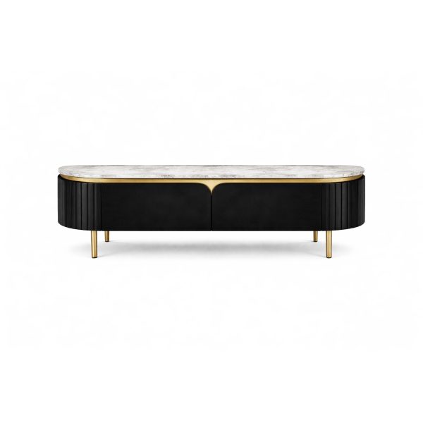 The Attic Carlston TV Cabinet, Solid Wood Sideboard TV Cabinet for Living Room, Classy TV Cabinet, Wooden Free Standing TV Unit Side Board Table with Storage, Black Matte Finish