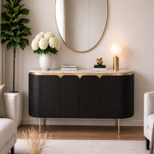 The Attic Carlston Sideboard Large, Multipurpose Cabinet for Kitchen and Living Room Storage, Classy Sideboard, Solid Mango Wood, Black Matte Finish