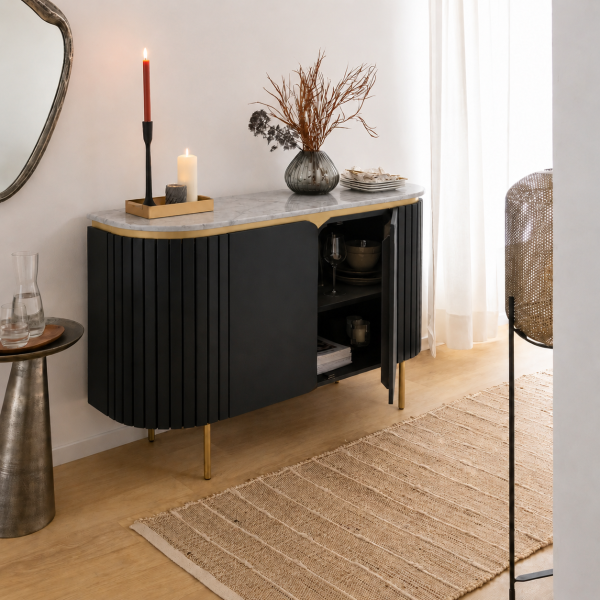 The Attic Carlston Sideboard, Multipurpose Cabinet for Kitchen and Living Room Storage, Classy Sideboard, Solid Mango Wood, Black Matte Finish
