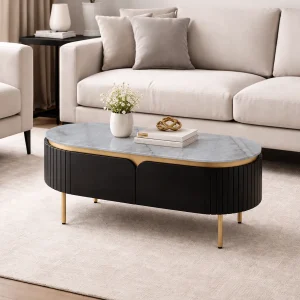 KL-2327B (1) The Attic Carlston Coffee Table, Coffee Table for Living Room, Solid Wood Centre Table with Ceramic Top, Black Matte Finish