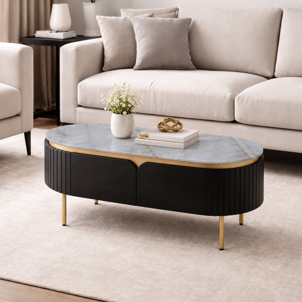 The Attic Carlston Coffee Table, Coffee Table for Living Room, Solid Wood Centre Table with Ceramic Top, Black Matte Finish