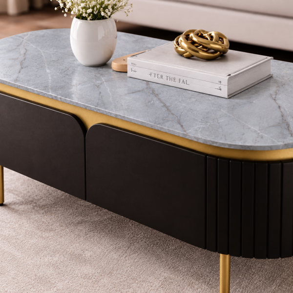 The Attic Carlston Coffee Table, Coffee Table for Living Room, Solid Wood Centre Table with Ceramic Top, Black Matte Finish