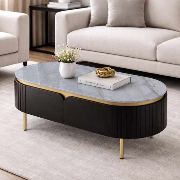 The Attic Carlston Coffee Table, Coffee Table for Living Room, Solid Wood Centre Table with Ceramic Top, Black Matte Finish