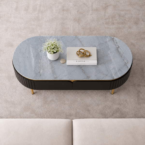 The Attic Carlston Coffee Table, Coffee Table for Living Room, Solid Wood Centre Table with Ceramic Top, Black Matte Finish