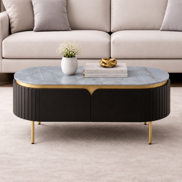 The Attic Carlston Coffee Table, Coffee Table for Living Room, Solid Wood Centre Table with Ceramic Top, Black Matte Finish