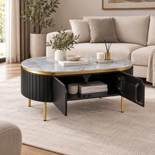 The Attic Carlston Coffee Table, Coffee Table for Living Room, Solid Wood Centre Table with Ceramic Top, Black Matte Finish