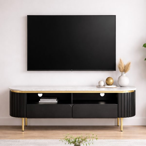 The Attic Carlston TV Cabinet Large, Solid Wood Sideboard TV Cabinet for Living Room, Classy TV Cabinet, Wooden Free Standing TV Unit Side Board Table with Storage, Black Matte Finish