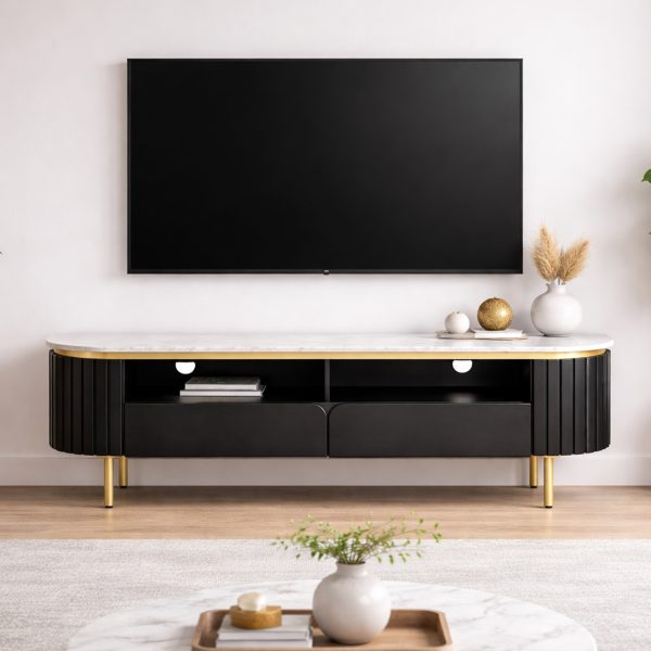 The Attic Carlston TV Cabinet Large, Solid Wood Sideboard TV Cabinet for Living Room, Classy TV Cabinet, Wooden Free Standing TV Unit Side Board Table with Storage, Black Matte Finish
