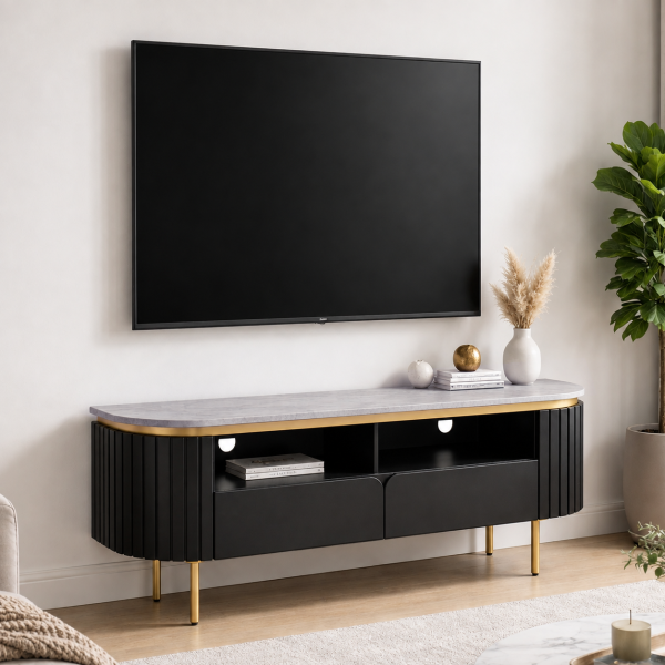 The Attic Carlston TV Cabinet Large, Solid Wood Sideboard TV Cabinet for Living Room, Classy TV Cabinet, Wooden Free Standing TV Unit Side Board Table with Storage, Black Matte Finish