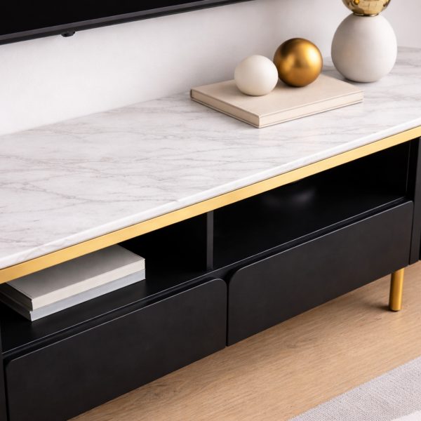 The Attic Carlston TV Cabinet Large, Solid Wood Sideboard TV Cabinet for Living Room, Classy TV Cabinet, Wooden Free Standing TV Unit Side Board Table with Storage, Black Matte Finish