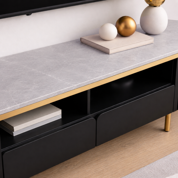 The Attic Carlston TV Cabinet Large, Solid Wood Sideboard TV Cabinet for Living Room, Classy TV Cabinet, Wooden Free Standing TV Unit Side Board Table with Storage, Black Matte Finish