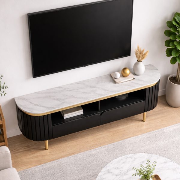The Attic Carlston TV Cabinet Large, Solid Wood Sideboard TV Cabinet for Living Room, Classy TV Cabinet, Wooden Free Standing TV Unit Side Board Table with Storage, Black Matte Finish