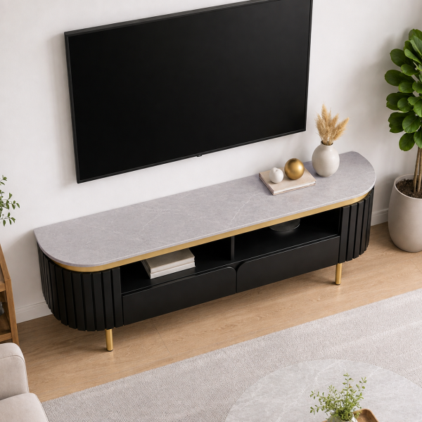 The Attic Carlston TV Cabinet Large, Solid Wood Sideboard TV Cabinet for Living Room, Classy TV Cabinet, Wooden Free Standing TV Unit Side Board Table with Storage, Black Matte Finish