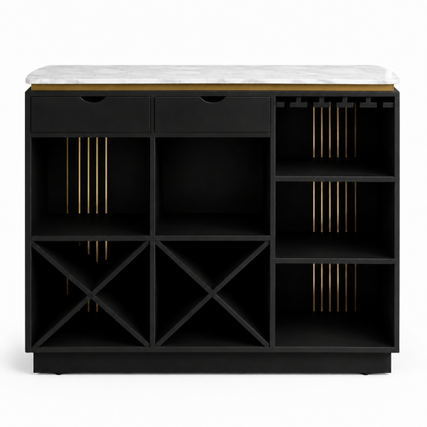 KL-2357B (10) The Attic Carlston Bar Cabinet, Hard and Soft Drinks Bar Storage Cabinet, Wine Wisky Scotch, Bar for Home, Solid Mango Wood, Black Matte Finish