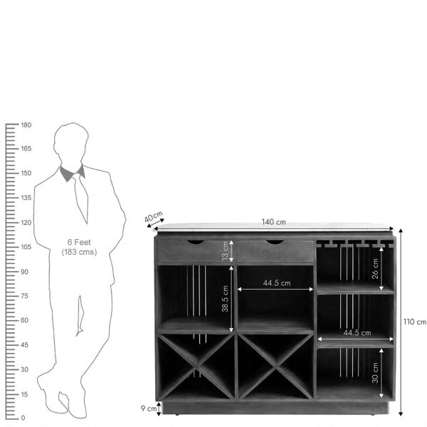 KL-2357B (12) The Attic Carlston Bar Cabinet, Hard and Soft Drinks Bar Storage Cabinet, Wine Wisky Scotch, Bar for Home, Solid Mango Wood, Black Matte Finish