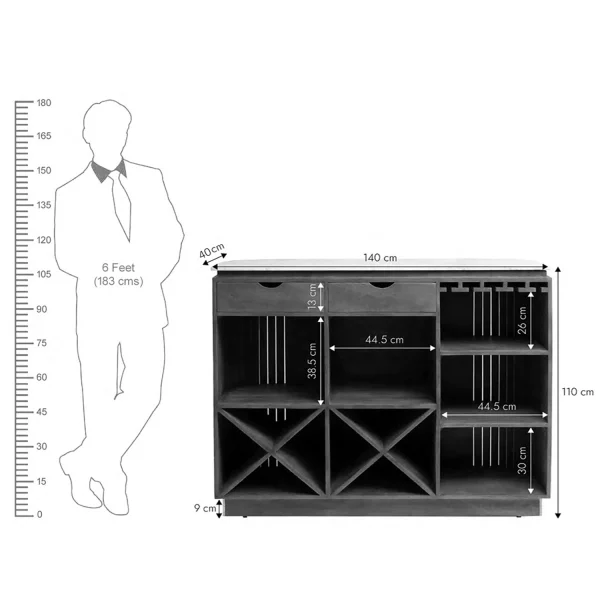 KL-2357B (12) The Attic Carlston Bar Cabinet, Hard and Soft Drinks Bar Storage Cabinet, Wine Wisky Scotch, Bar for Home, Solid Mango Wood, Black Matte Finish