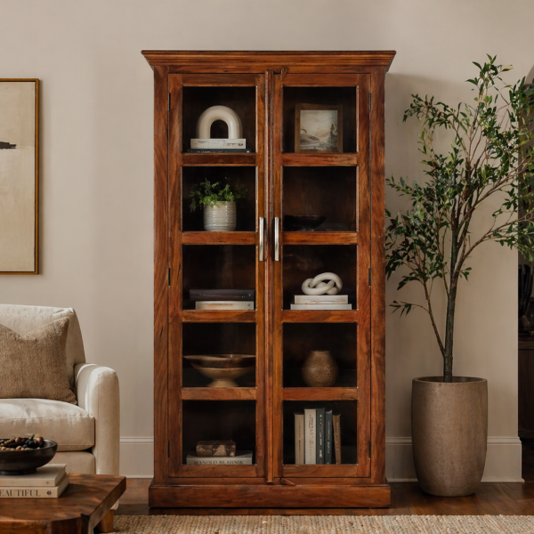 The Attic Havenwood Glass Panel Bookshelf Cabinet Honey