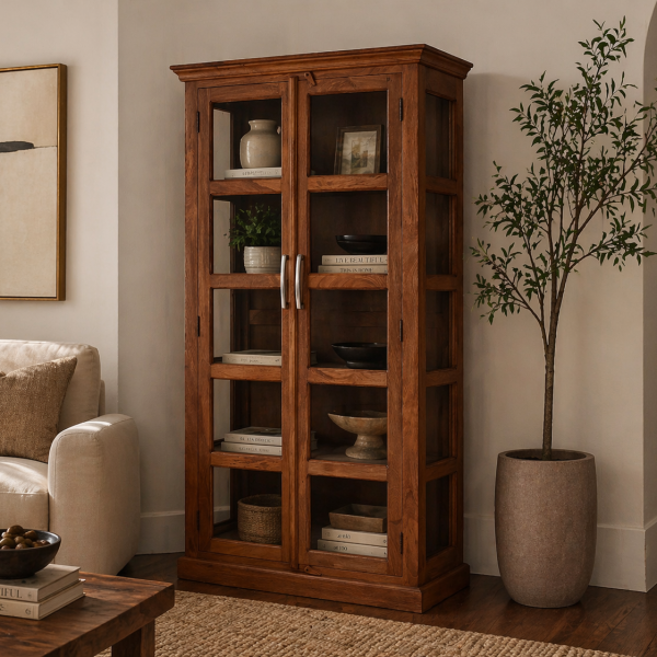 The Attic Havenwood Glass Panel Bookshelf Cabinet Honey