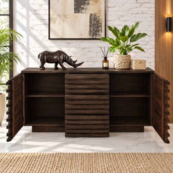 KW-2169W (3) The Attic Artic Sideboard, Multipurpose Cabinet for Kitchen and Living Room Storage, Crockery Storage, Solid Acacia Wood, Walnut Matte Finish