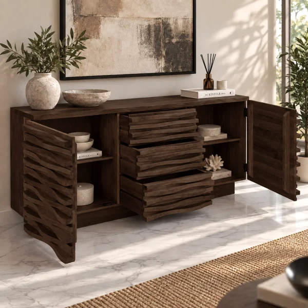 KW-2169W (4) The Attic Artic Sideboard, Multipurpose Cabinet for Kitchen and Living Room Storage, Crockery Storage, Solid Acacia Wood, Walnut Matte Finish
