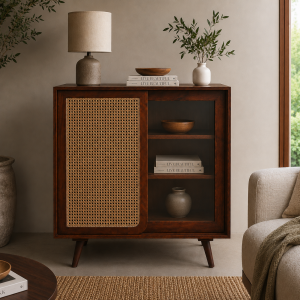 ChatGPT Image Jul 1, 2026, 10_48_50 AM The Attic Ines Cabinet, Coffee Table for Living Room, Solid Wood Centre Table with Cane with sliding doors, Honey Matte Finish