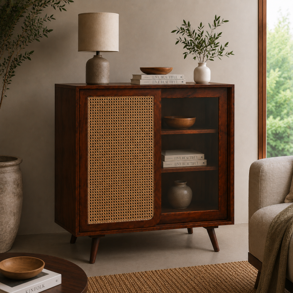 The Attic Ines Cabinet,  Coffee Table for Living Room,  Solid Wood Centre Table with Cane with sliding doors, Honey Matte Finish