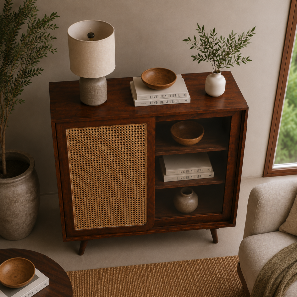 The Attic Ines Cabinet,  Coffee Table for Living Room,  Solid Wood Centre Table with Cane with sliding doors, Honey Matte Finish