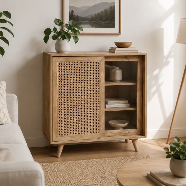 ChatGPT Image Jul 1, 2026, 12_00_16 PM The Attic Ines Cabinet, Coffee Table for Living Room, Solid Wood Centre Table with Cane with sliding doors, Natural Finish