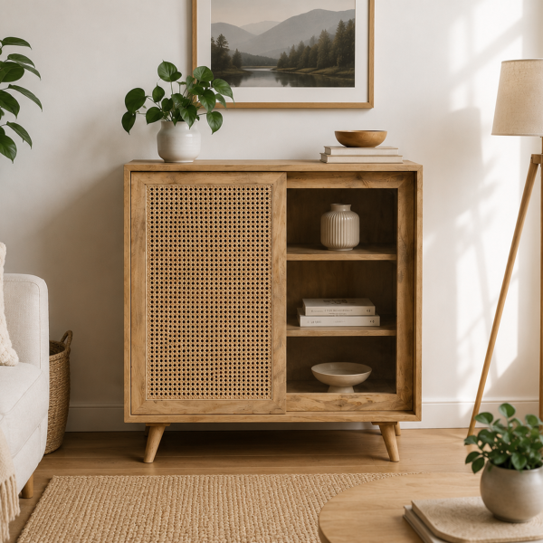 ChatGPT Image Jul 1, 2026, 12_05_37 PM The Attic Ines Cabinet, Coffee Table for Living Room, Solid Wood Centre Table with Cane with sliding doors, Natural Finish