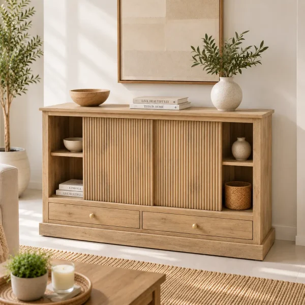 The Attic Velora Cabinet, Kitchen and Living Room Storage, Solid Wood, Natural Finish