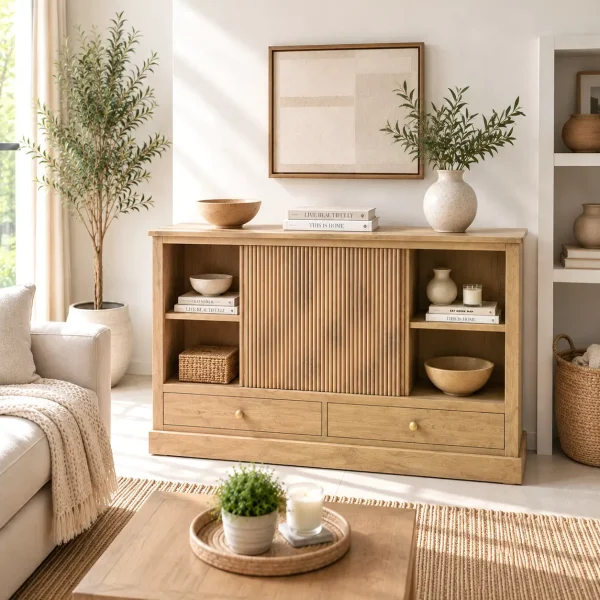 The Attic Velora Cabinet, Kitchen and Living Room Storage, Solid Wood, Natural Finish