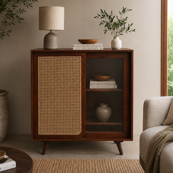 KL-2366H (1) The Attic Ines Cabinet, Coffee Table for Living Room, Solid Wood Centre Table with Cane with sliding doors, Honey Matte Finish