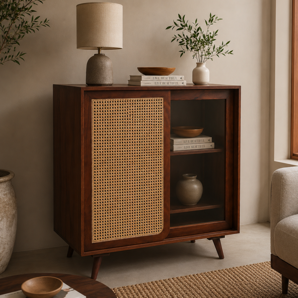 KL-2366H (2) The Attic Ines Cabinet, Coffee Table for Living Room, Solid Wood Centre Table with Cane with sliding doors, Honey Matte Finish