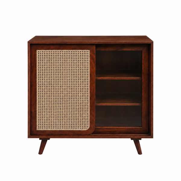 KL-2366H (5) The Attic Ines Cabinet, Coffee Table for Living Room, Solid Wood Centre Table with Cane with sliding doors, Honey Matte Finish