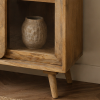 KL-2366Nat (4) The Attic Ines Cabinet, Coffee Table for Living Room, Solid Wood Centre Table with Cane with sliding doors, Natural Finish