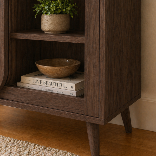 KL-2366W (4) The Attic Ines Cabinet, Coffee Table for Living Room, Solid Wood Centre Table with Cane with sliding doors, Walnut Finish