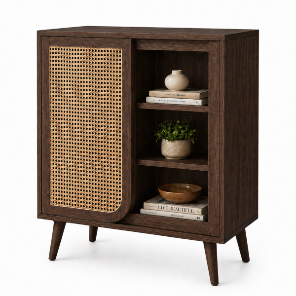 KL-2366W (5) The Attic Ines Cabinet, Coffee Table for Living Room, Solid Wood Centre Table with Cane with sliding doors, Walnut Finish