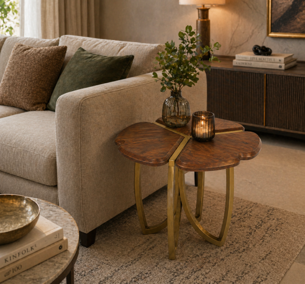 The Attic Roselle End Table, Provincial Teak & Gold