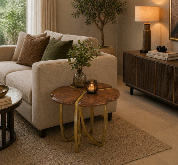 The Attic Roselle End Table, Provincial Teak & Gold