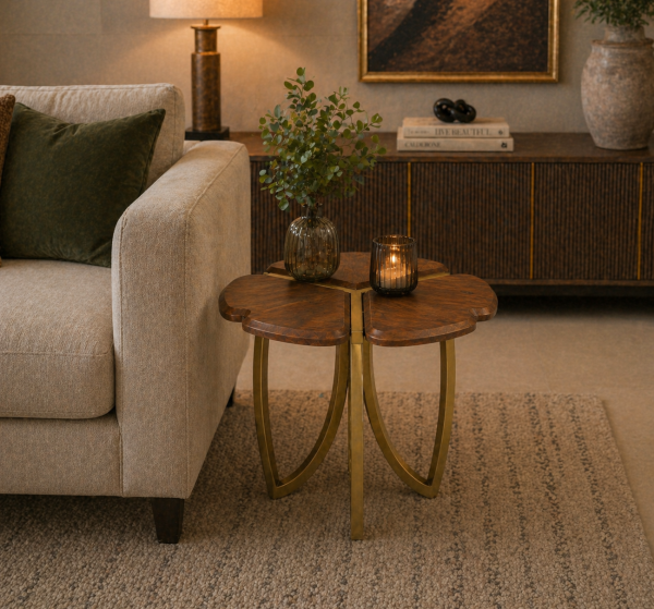 The Attic Roselle End Table, Provincial Teak & Gold