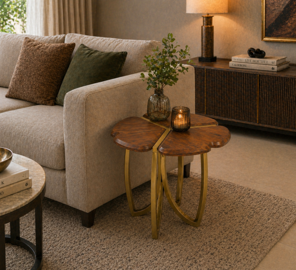 The Attic Roselle End Table, Provincial Teak & Gold