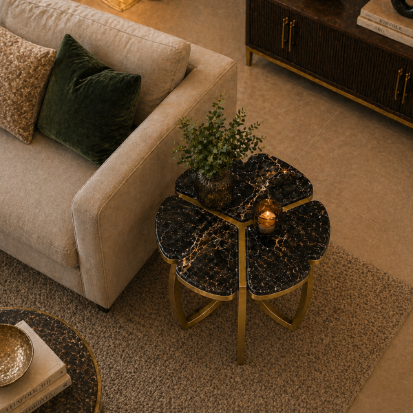 The Attic Roselle End Table,  End Table for Living Room,  Metal & marble Unique Design, Black & Gold