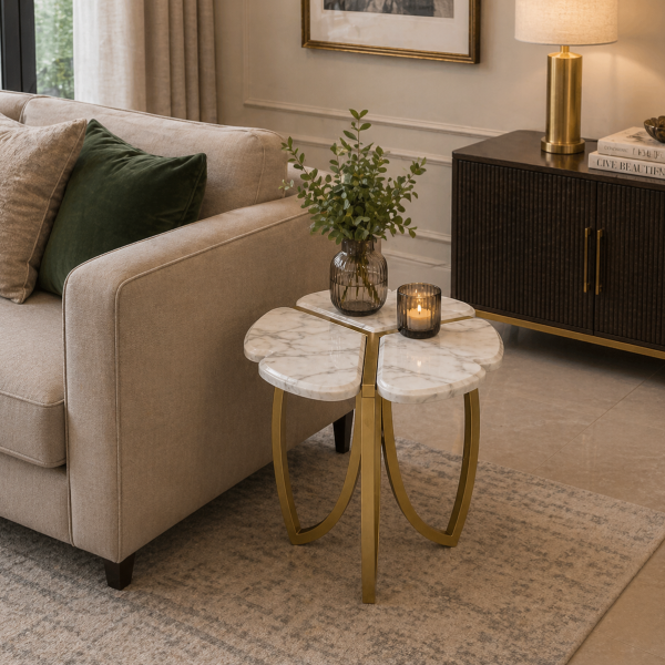 The Attic Roselle End Table,  End Table for Living Room,  Metal & marble Unique Design, Gold & White Finish