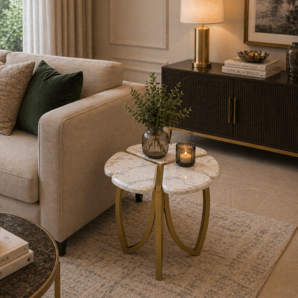 The Attic Roselle End Table,  End Table for Living Room,  Metal & marble Unique Design, Gold & White Finish