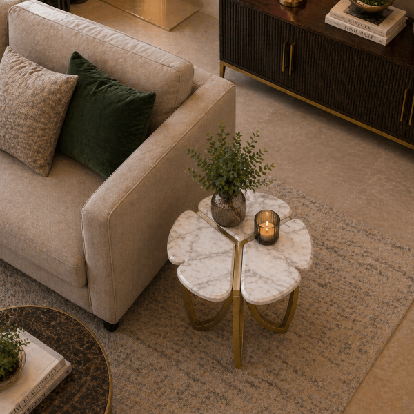 The Attic Roselle End Table,  End Table for Living Room,  Metal & marble Unique Design, Gold & White Finish