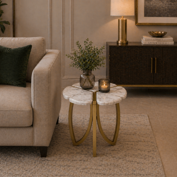 The Attic Roselle End Table,  End Table for Living Room,  Metal & marble Unique Design, Gold & White Finish